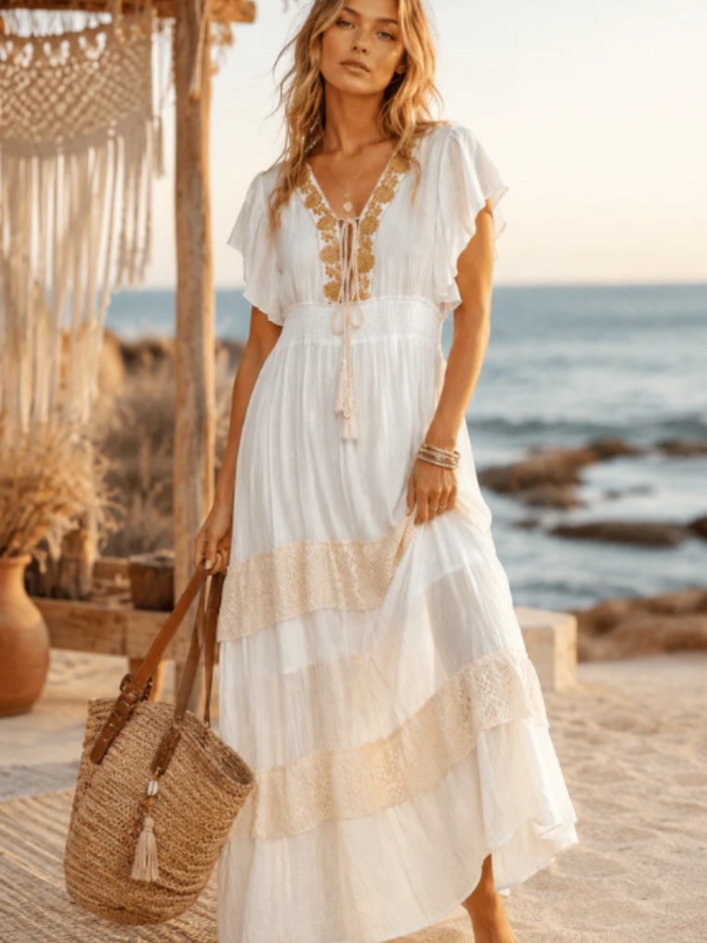 White Bohemian Maxi Dress with Gold Embroidery